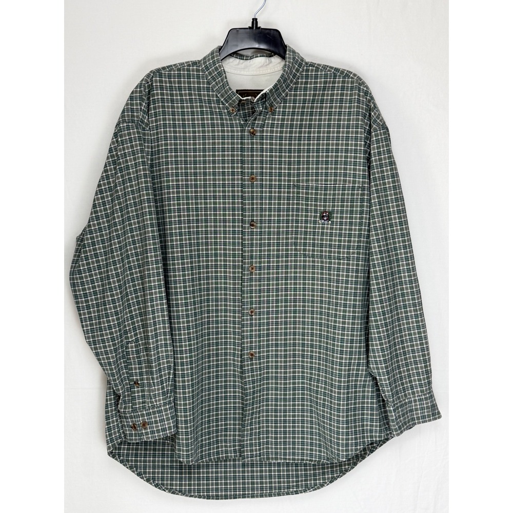 Cinch Mens 100% Cotton Button Down Shirt XL Green Plaid Long Sleeve Pocket Logo